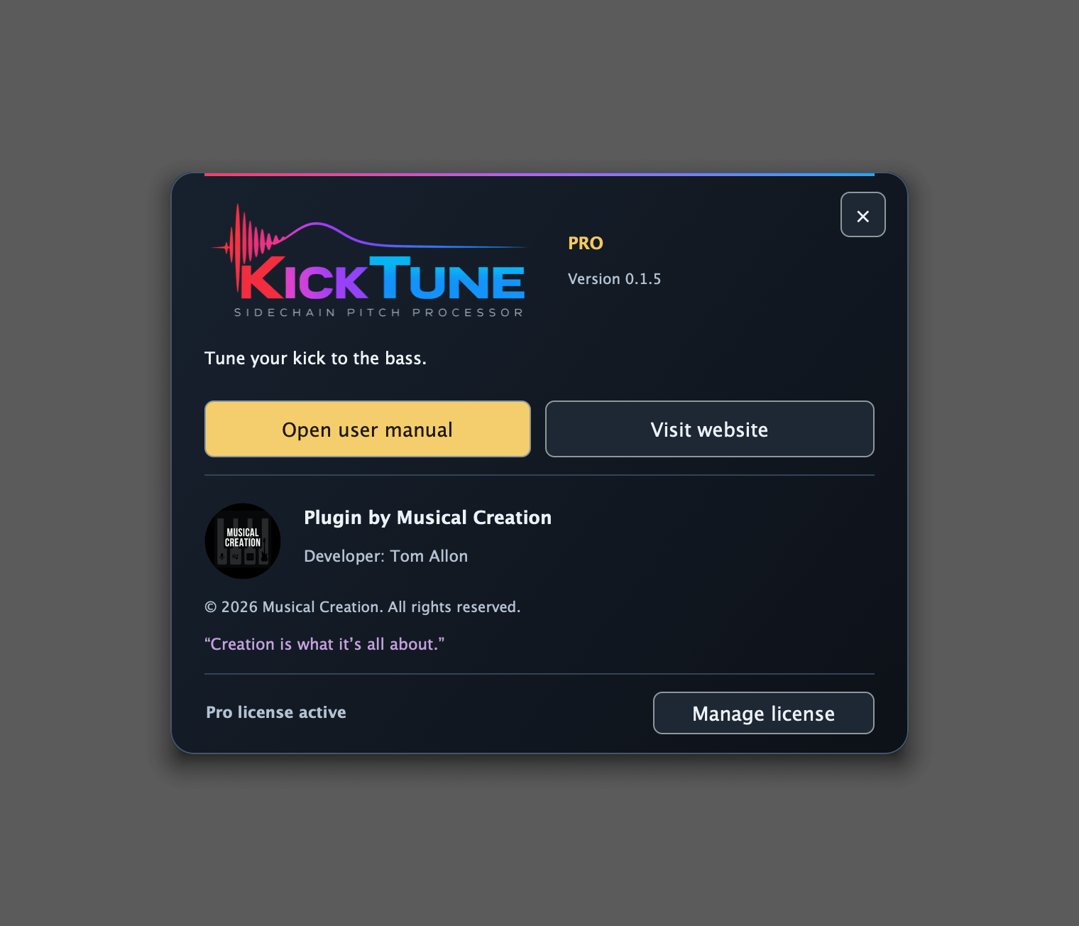 About panel with product logo, manual, website and license actions