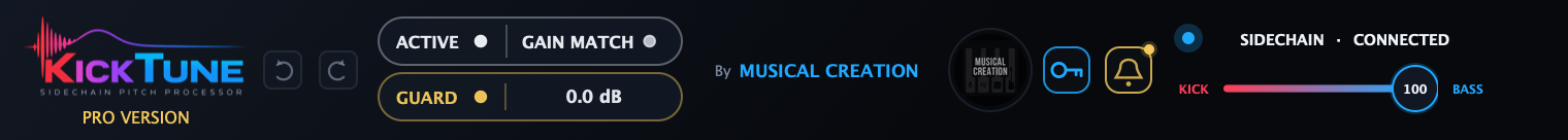 Kick Tune desktop header; blue license key followed by the amber update bell