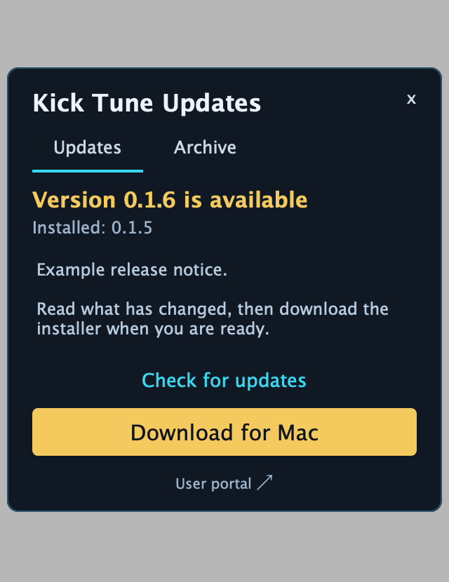 Updates panel with release notes, Check for updates and Download for Mac