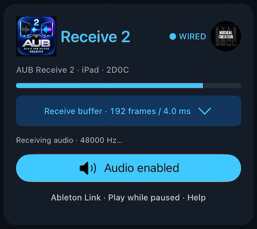 AUB Receive 2 showing incoming audio and the dedicated 192-frame receive buffer button