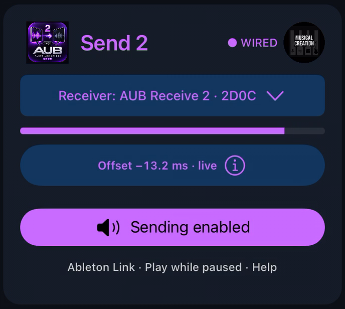AUB Send 2, connected to Receive 2 with an offset reading of minus 13.2 milliseconds and info button